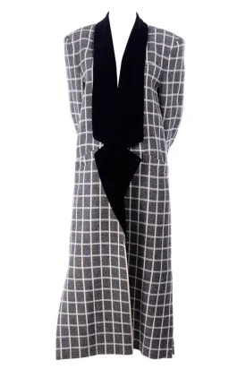 1980s Escada Black & Cream Plaid Coat With Black Velvet Lapels