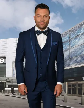 3 Pc Flat Front Pants With Matching Bow Tie | Caesar | Sapphire