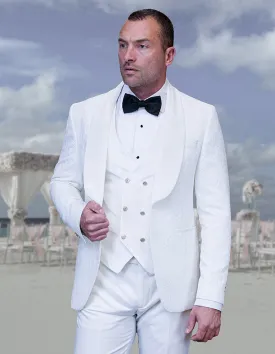 3pc Shawl Lapel Black Tuxedo With Velvet Lapel, Velvet Vest, with Gold Buttons And Side Trim On The Pants| EMPORIO| White