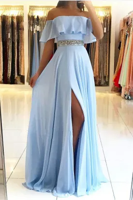 A Line Short Sleeves Blue Chiffon Strapless Long Beaded Waistline Prom Dress Blue Evening Dress OHC375