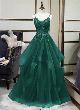 A-Line Tulle With Lace Applique Straps Long Party Dress Green Tulle Prom Dress