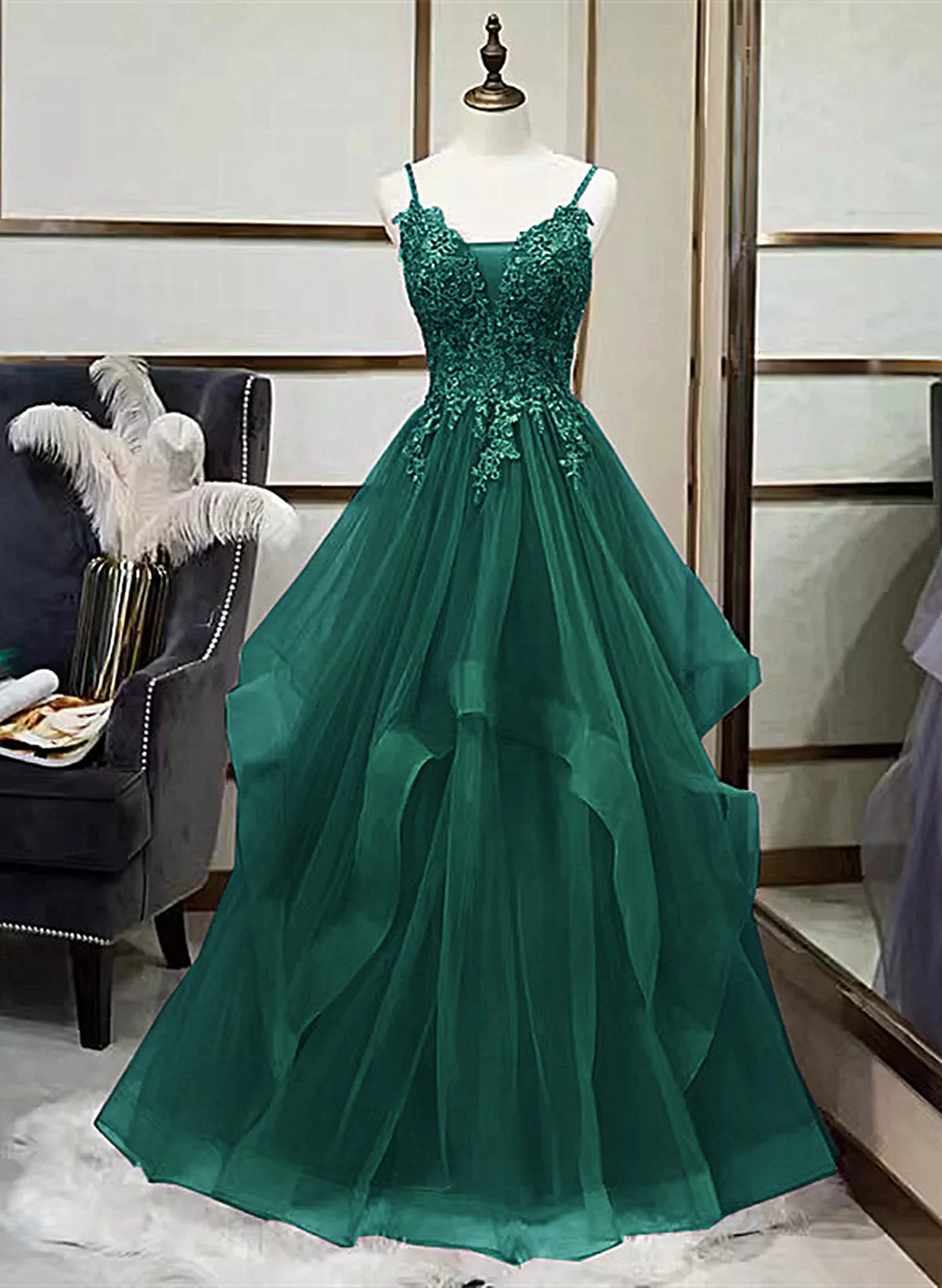 A-Line Tulle With Lace Applique Straps Long Party Dress Green Tulle Prom Dress