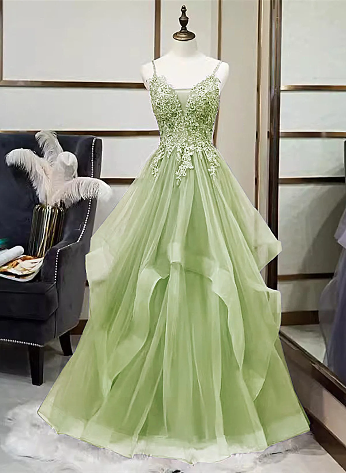 A-Line Tulle With Lace Applique Straps Long Party Dress Green Tulle Prom Dress
