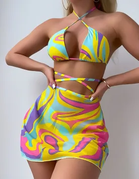 All Over Printed Halter Cross-Tie-Back Three-Piece Bikini Swimwear Sets