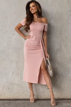 Bare Shoulder Short Sleeve Split Dress