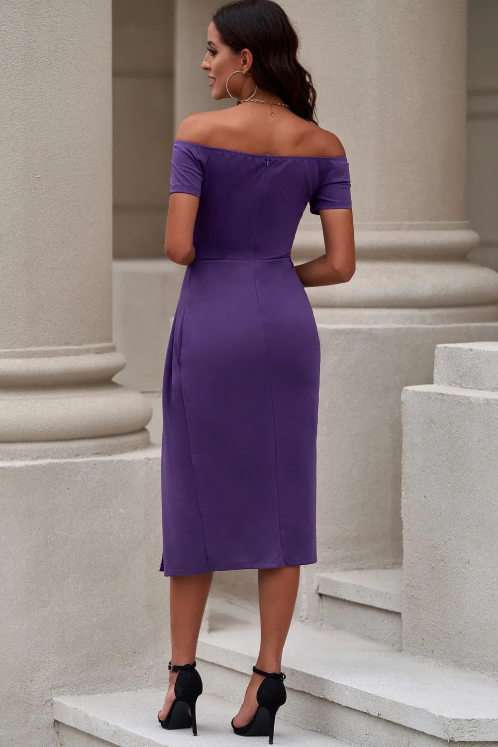 Bare Shoulder Short Sleeve Split Dress