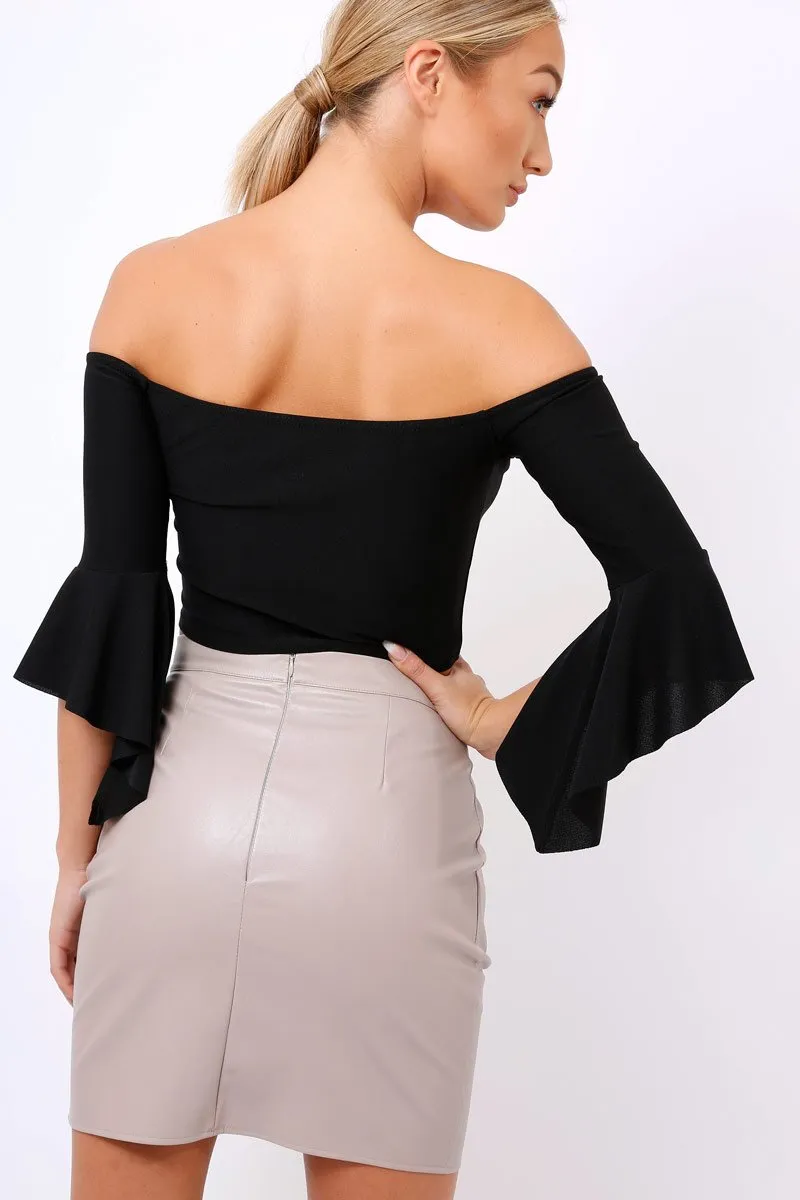 Black Frill Sleeve Bardot Crop Top - Kali