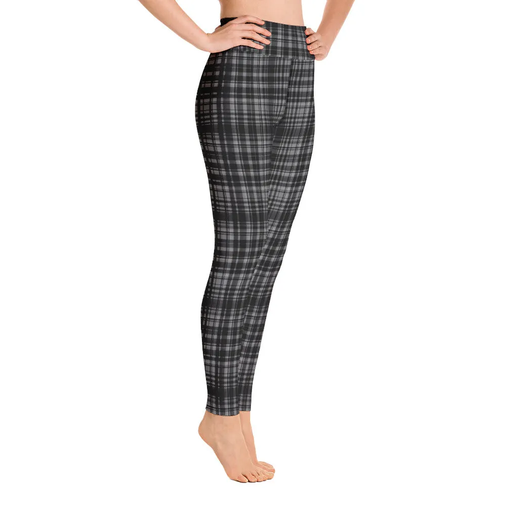Black Grey Plaid Yoga Leggings, Scottish Tartan Printed Long Yoga Tights For Ladies-Made in USA/EU/MX