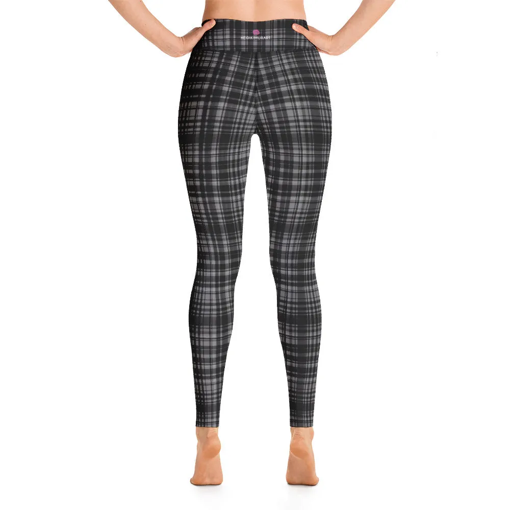Black Grey Plaid Yoga Leggings, Scottish Tartan Printed Long Yoga Tights For Ladies-Made in USA/EU/MX