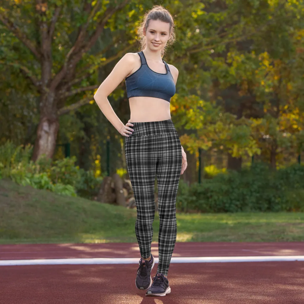 Black Grey Plaid Yoga Leggings, Scottish Tartan Printed Long Yoga Tights For Ladies-Made in USA/EU/MX