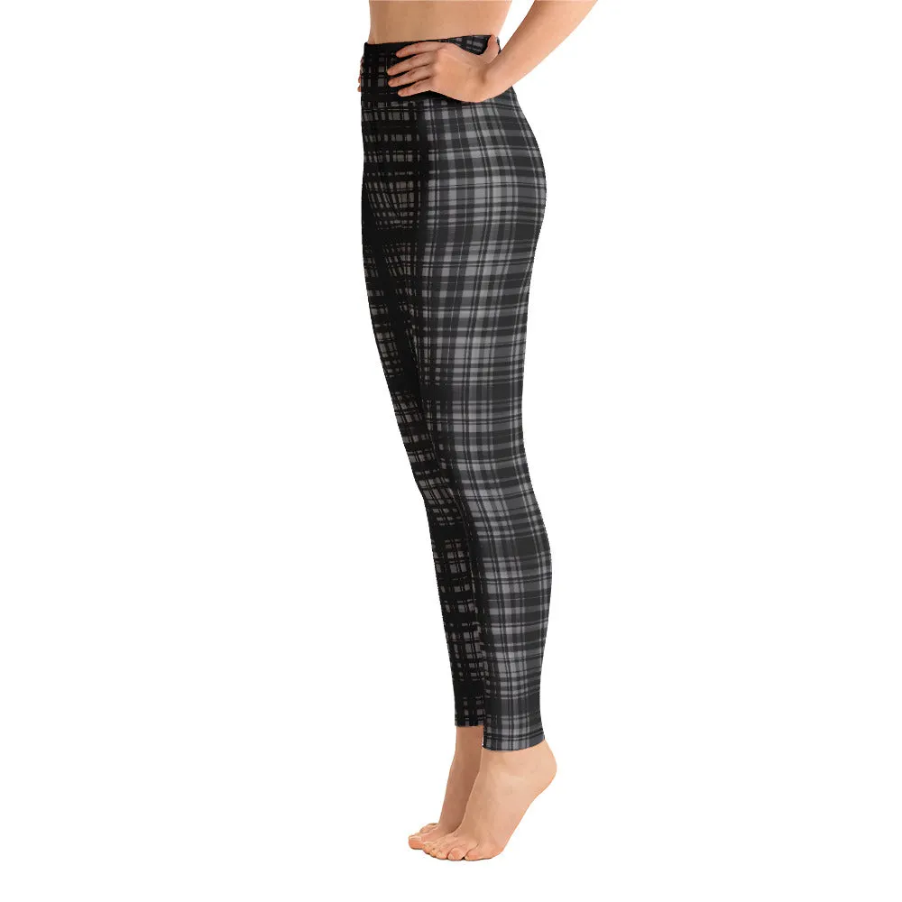 Black Grey Plaid Yoga Leggings, Scottish Tartan Printed Long Yoga Tights For Ladies-Made in USA/EU/MX