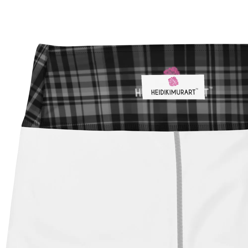 Black Grey Plaid Yoga Leggings, Scottish Tartan Printed Long Yoga Tights For Ladies-Made in USA/EU/MX