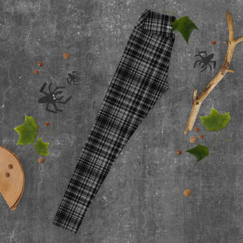 Black Grey Plaid Yoga Leggings, Scottish Tartan Printed Long Yoga Tights For Ladies-Made in USA/EU/MX