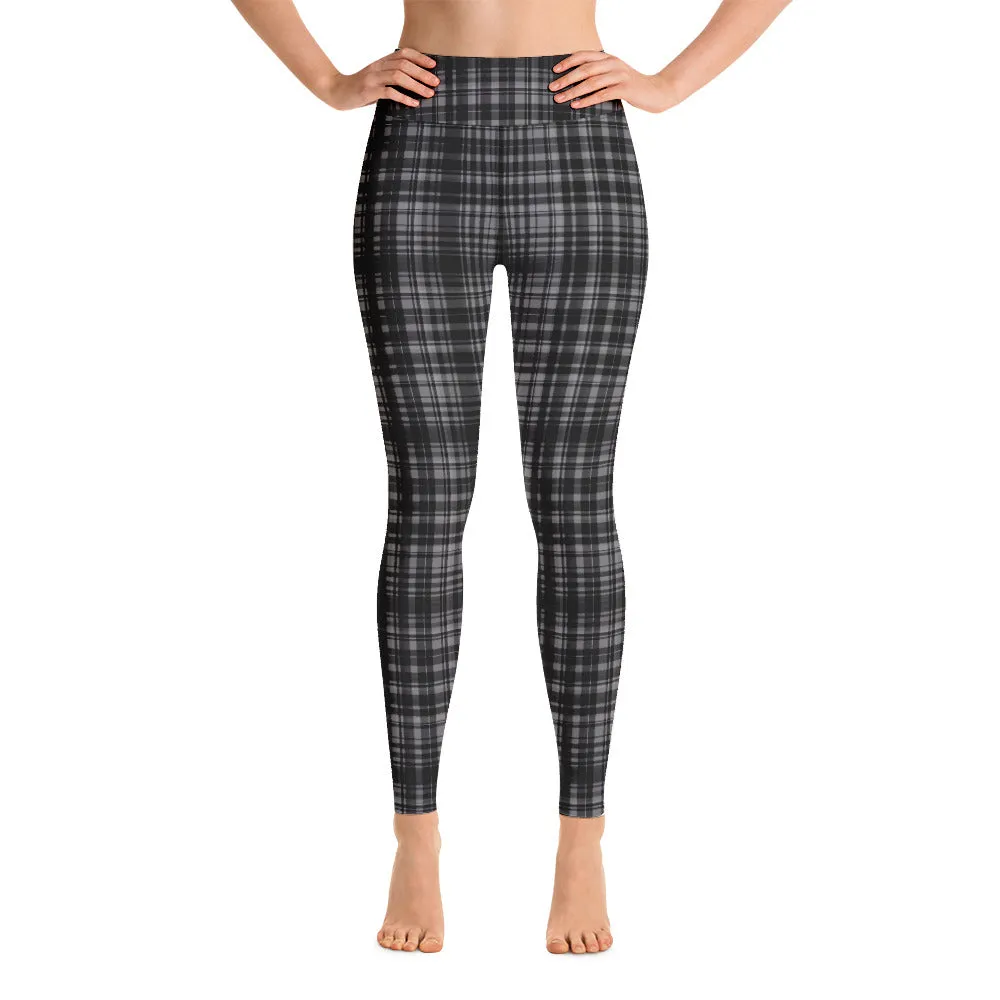 Black Grey Plaid Yoga Leggings, Scottish Tartan Printed Long Yoga Tights For Ladies-Made in USA/EU/MX