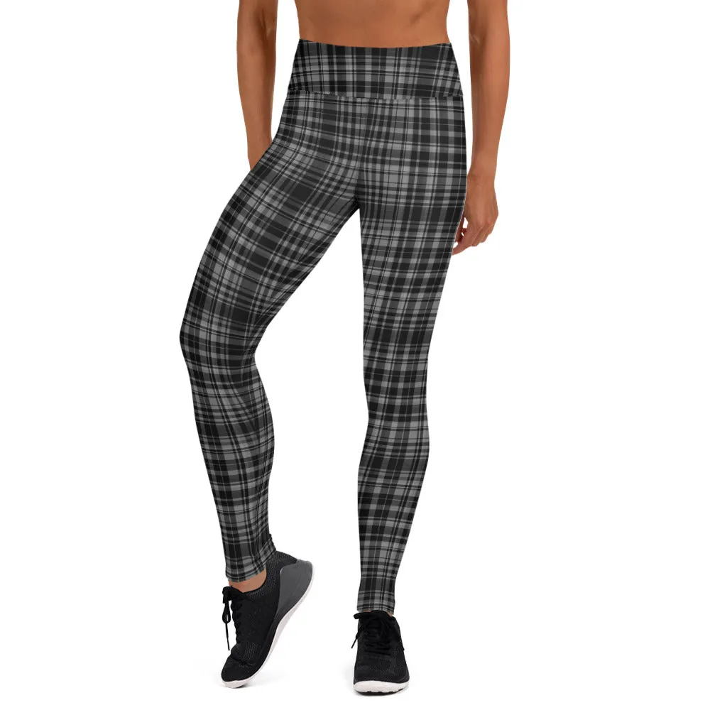 Black Grey Plaid Yoga Leggings, Scottish Tartan Printed Long Yoga Tights For Ladies-Made in USA/EU/MX