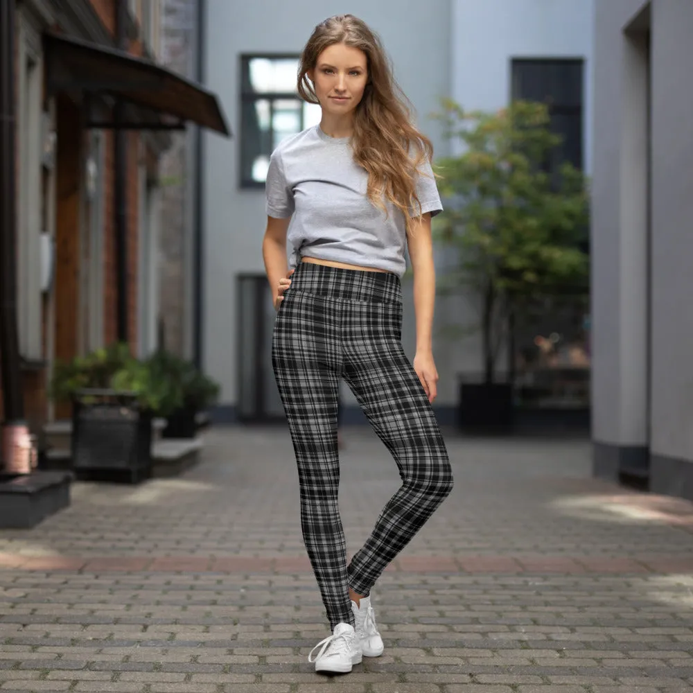 Black Grey Plaid Yoga Leggings, Scottish Tartan Printed Long Yoga Tights For Ladies-Made in USA/EU/MX