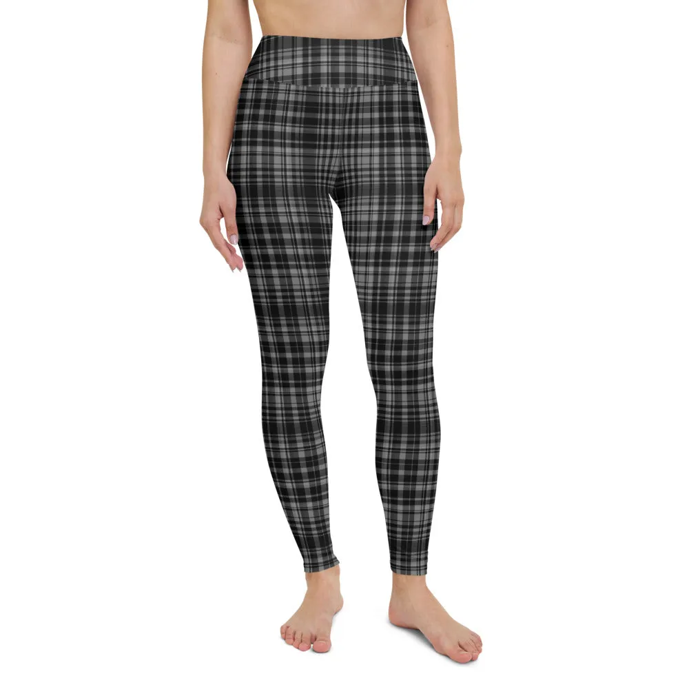 Black Grey Plaid Yoga Leggings, Scottish Tartan Printed Long Yoga Tights For Ladies-Made in USA/EU/MX