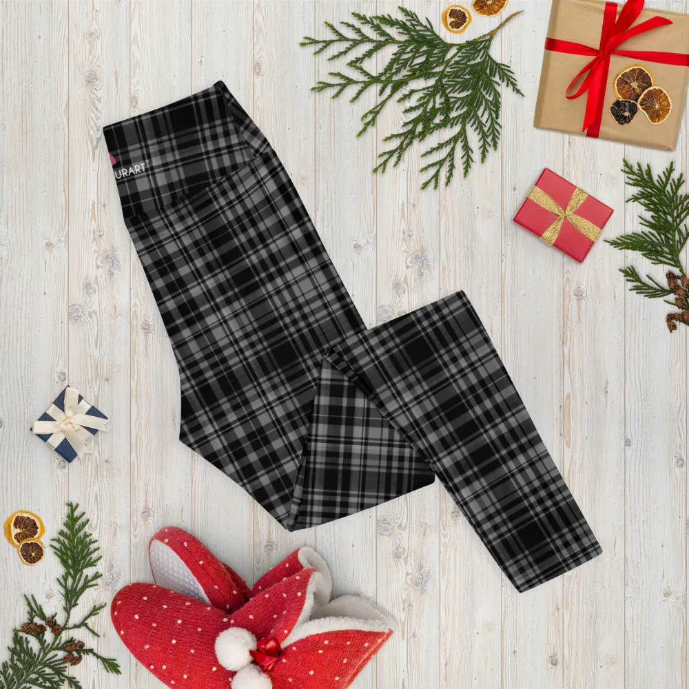 Black Grey Plaid Yoga Leggings, Scottish Tartan Printed Long Yoga Tights For Ladies-Made in USA/EU/MX