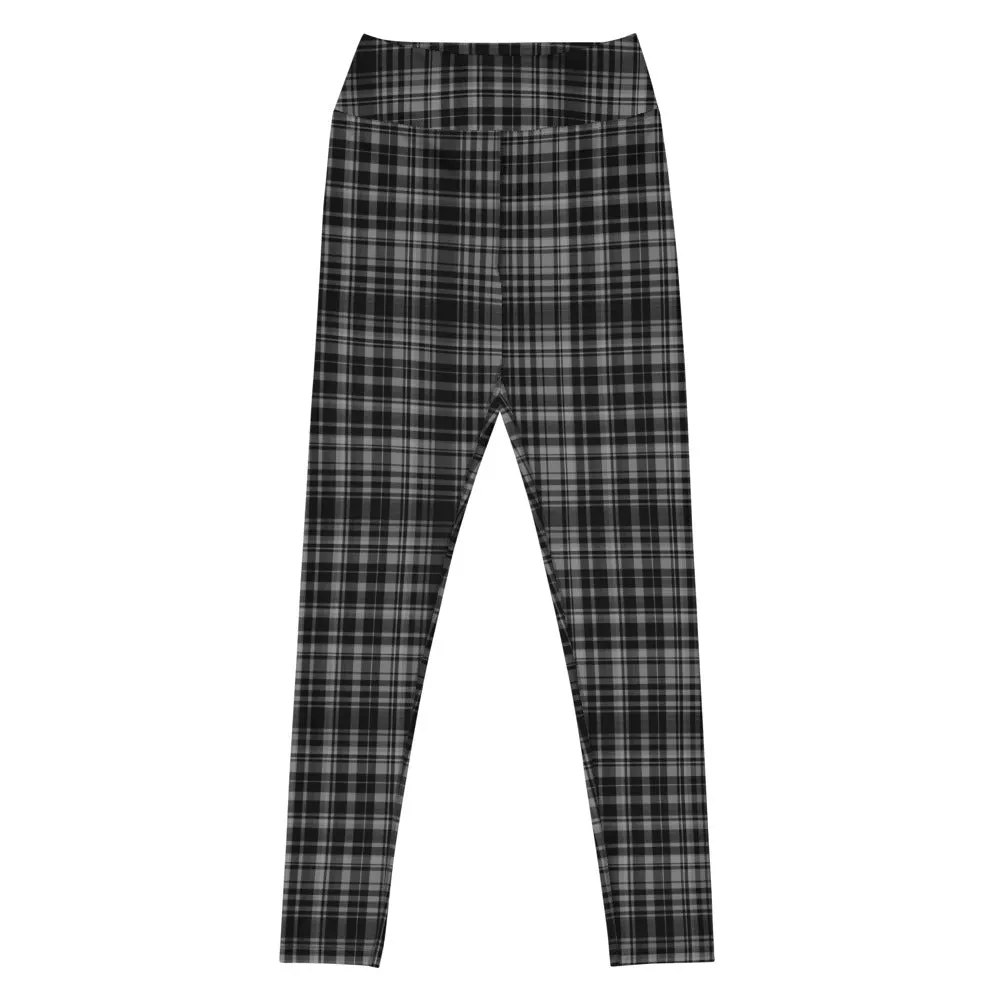 Black Grey Plaid Yoga Leggings, Scottish Tartan Printed Long Yoga Tights For Ladies-Made in USA/EU/MX