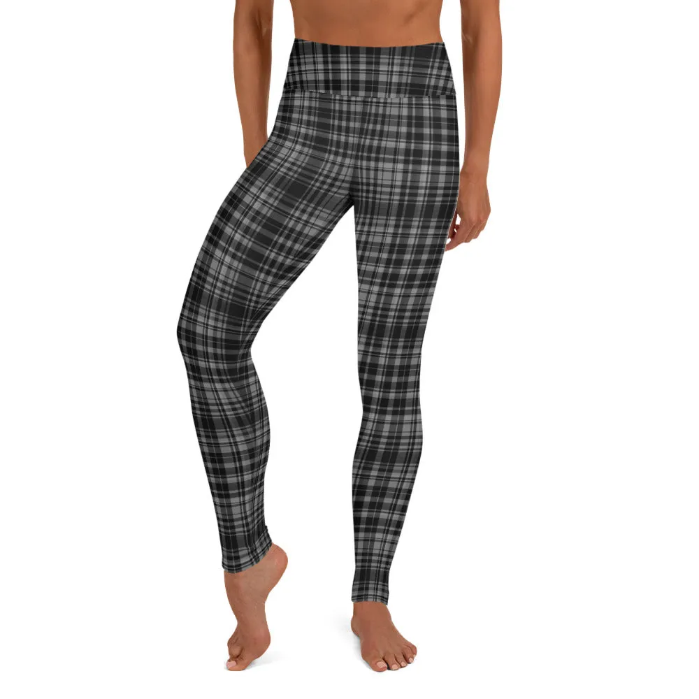 Black Grey Plaid Yoga Leggings, Scottish Tartan Printed Long Yoga Tights For Ladies-Made in USA/EU/MX