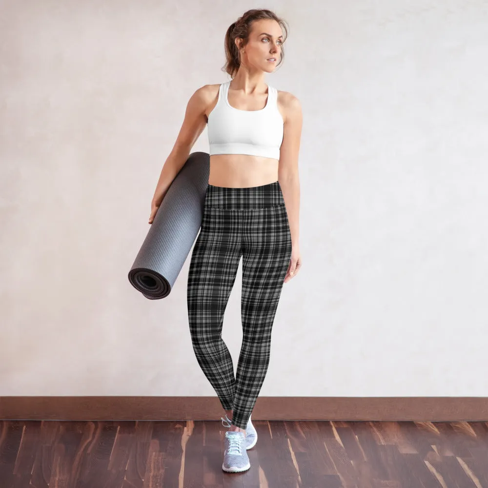 Black Grey Plaid Yoga Leggings, Scottish Tartan Printed Long Yoga Tights For Ladies-Made in USA/EU/MX
