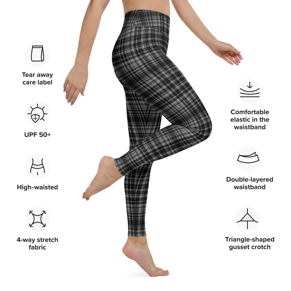 Black Grey Plaid Yoga Leggings, Scottish Tartan Printed Long Yoga Tights For Ladies-Made in USA/EU/MX