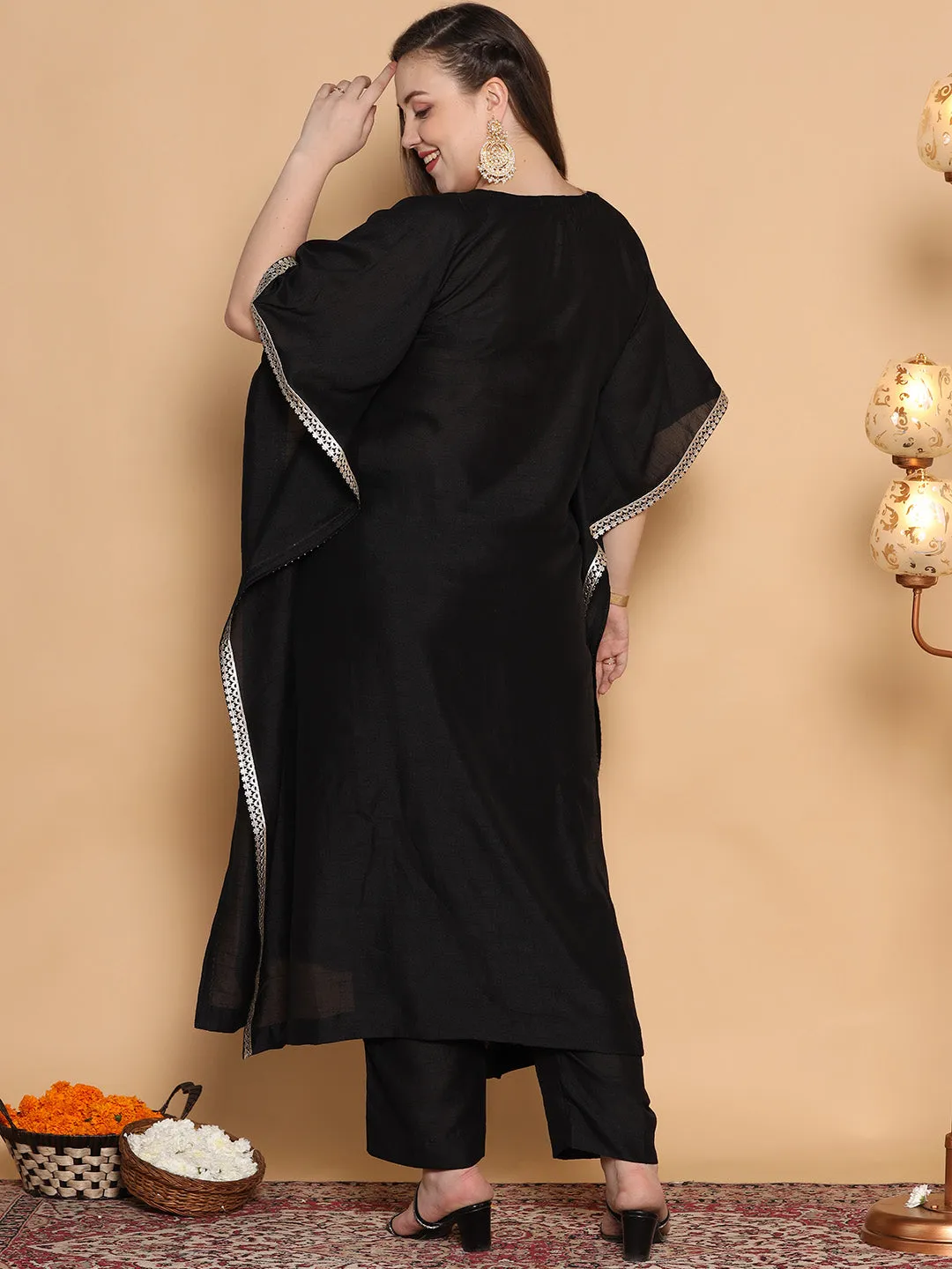 Black Silk Embellished Long Kaftan