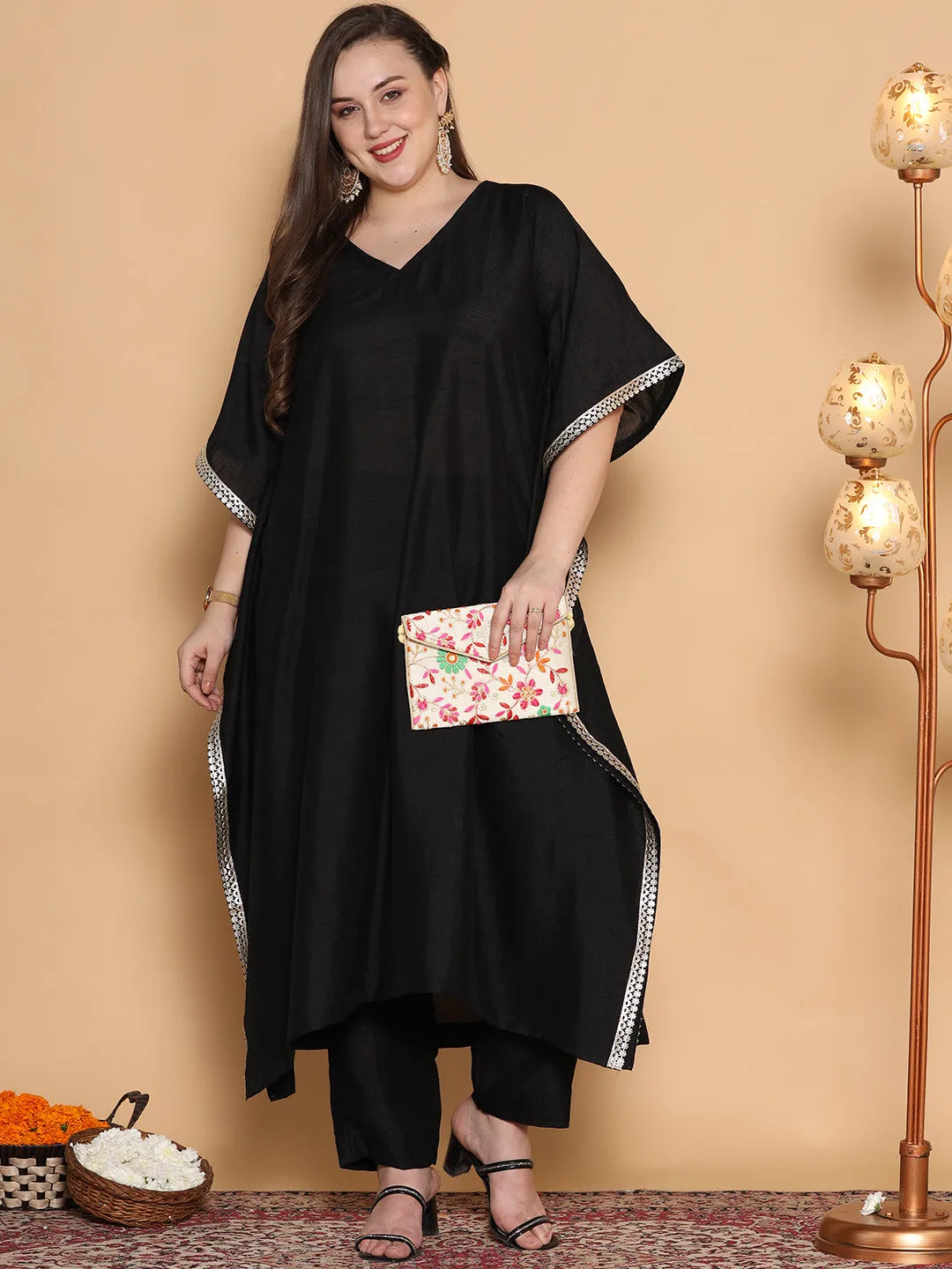 Black Silk Embellished Long Kaftan