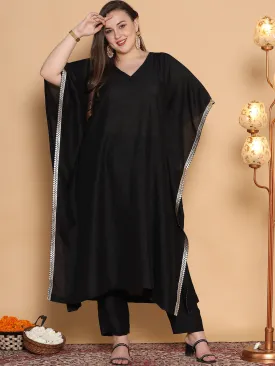 Black Silk Embellished Long Kaftan
