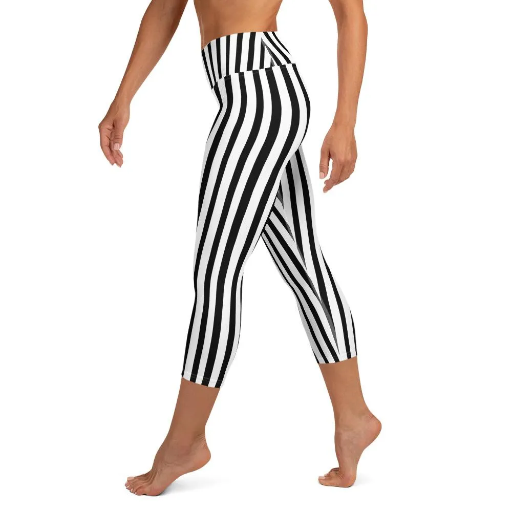 Black Striped Yoga Capri Leggings, Vertical Striped Women's Capri Pants- Made in USA/ EU