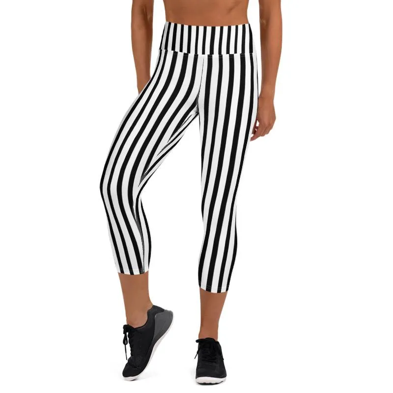 Black Striped Yoga Capri Leggings, Vertical Striped Women's Capri Pants- Made in USA/ EU