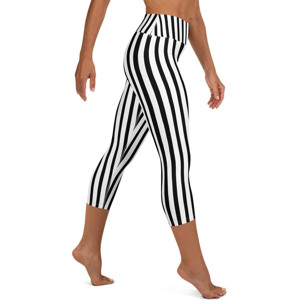 Black Striped Yoga Capri Leggings, Vertical Striped Women's Capri Pants- Made in USA/ EU