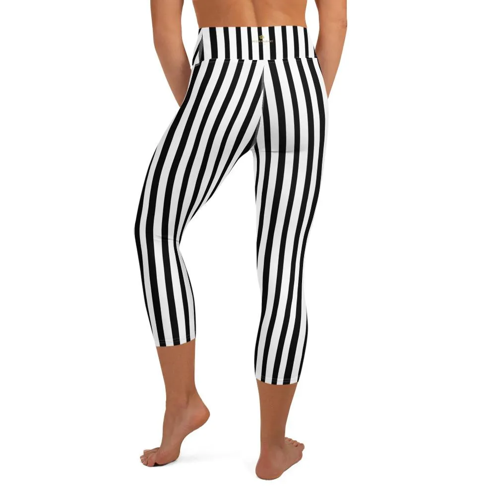 Black Striped Yoga Capri Leggings, Vertical Striped Women's Capri Pants- Made in USA/ EU