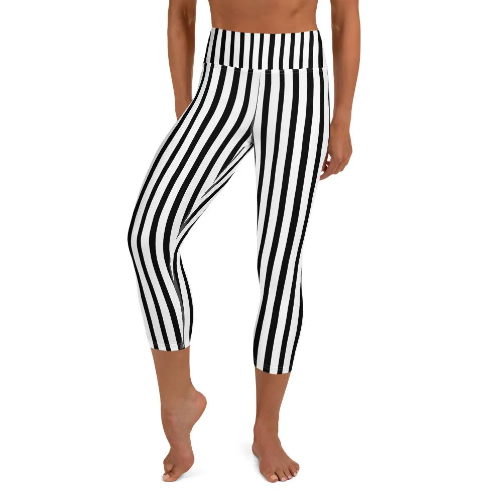 Black Striped Yoga Capri Leggings, Vertical Striped Women's Capri Pants- Made in USA/ EU