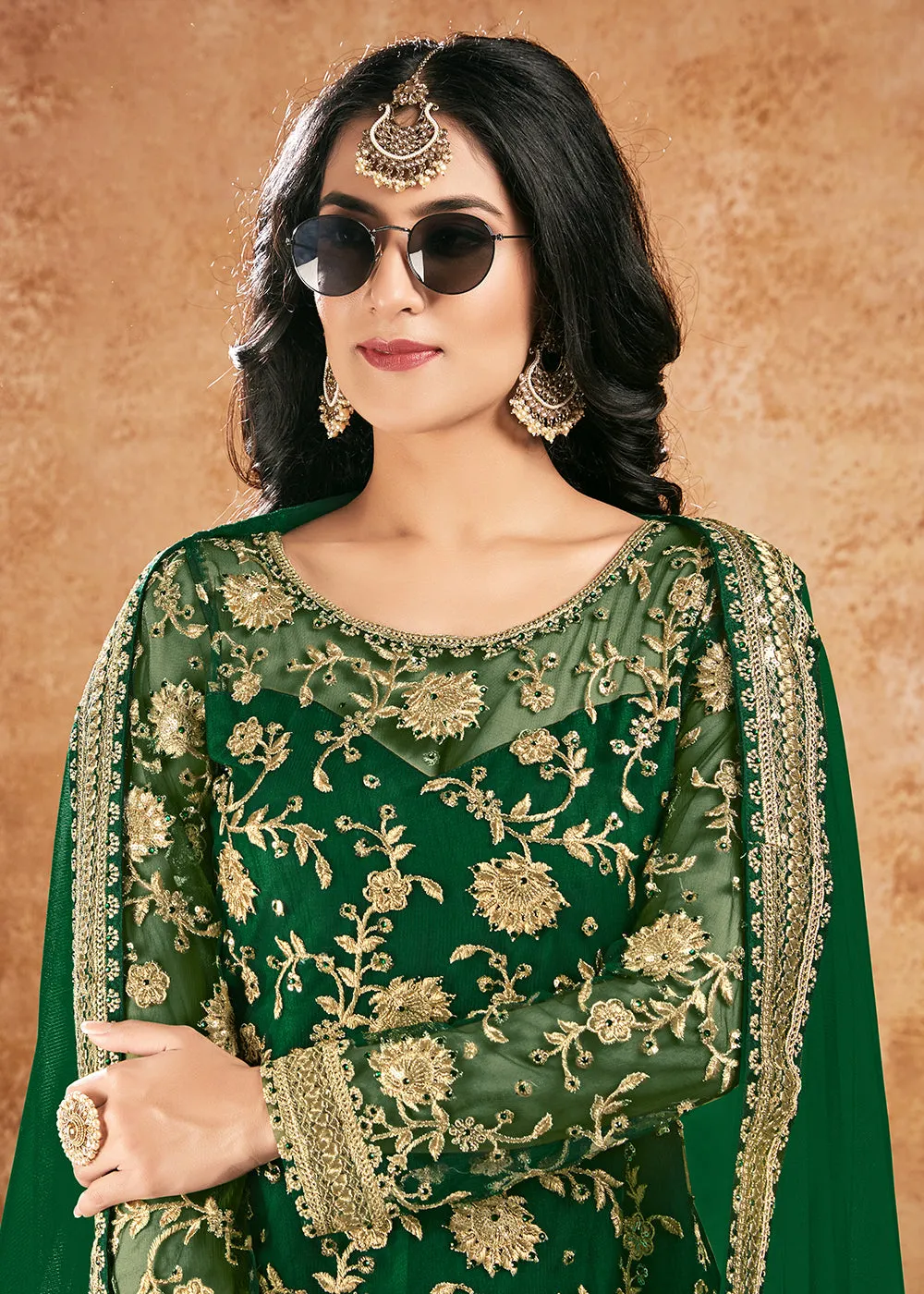 Bottle Green Net Sequins Pakistani Gharara Suit