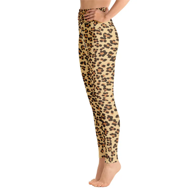 Brown Leopard Women's Yoga Pants, Beige Animal Print Long Leggings- Made in USA/ EU
