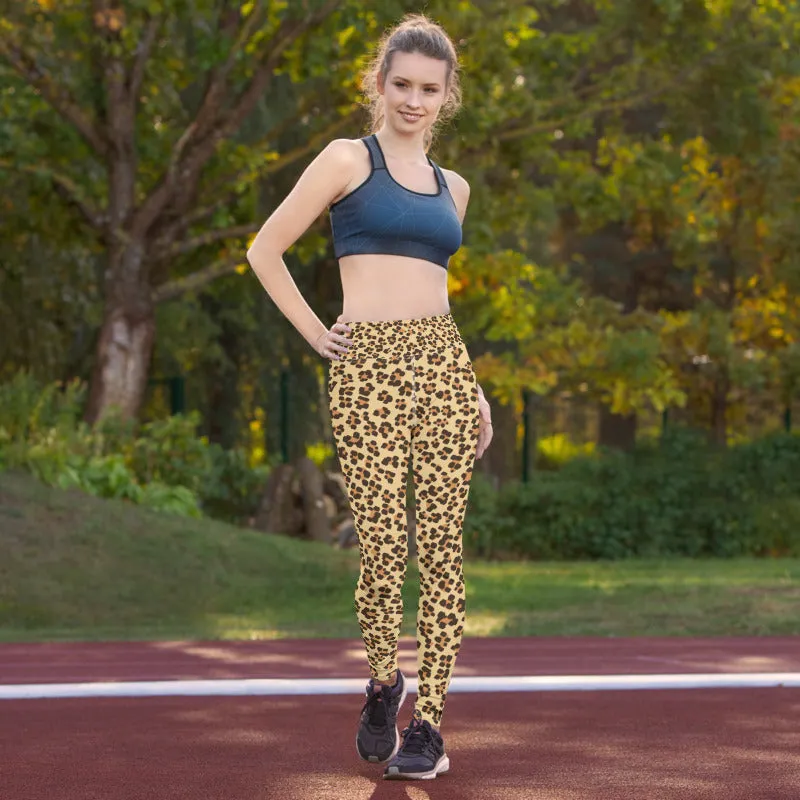 Brown Leopard Women's Yoga Pants, Beige Animal Print Long Leggings- Made in USA/ EU