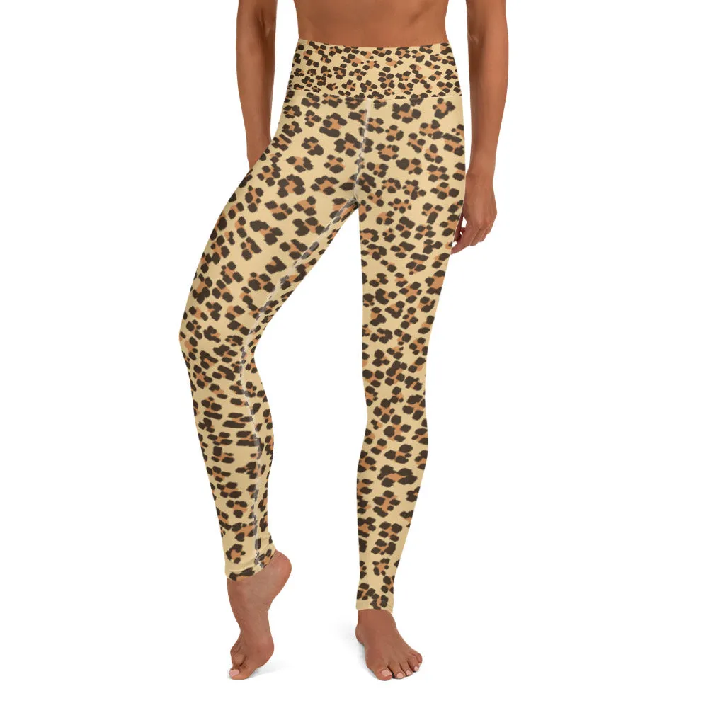 Brown Leopard Women's Yoga Pants, Beige Animal Print Long Leggings- Made in USA/ EU