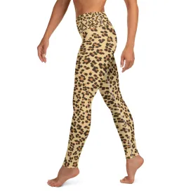 Brown Leopard Women's Yoga Pants, Beige Animal Print Long Leggings- Made in USA/ EU