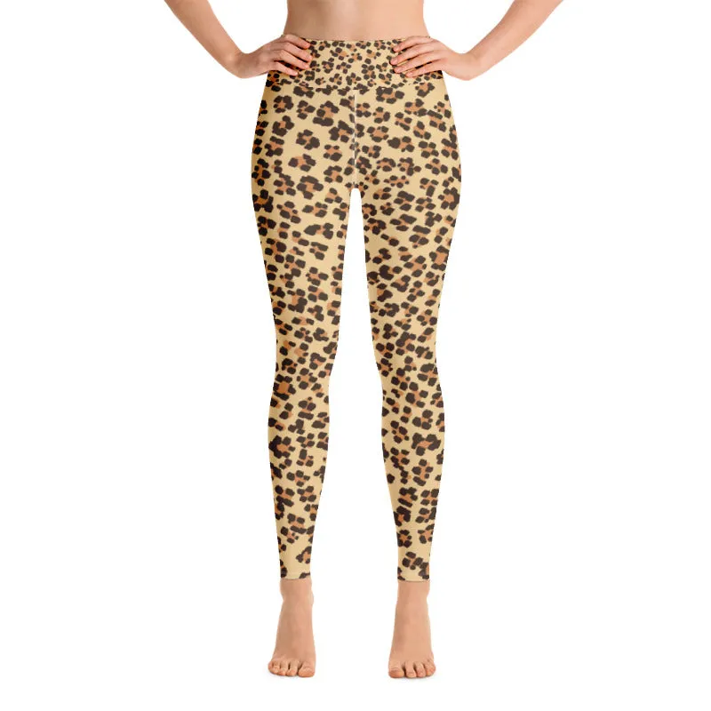 Brown Leopard Women's Yoga Pants, Beige Animal Print Long Leggings- Made in USA/ EU