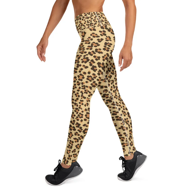 Brown Leopard Women's Yoga Pants, Beige Animal Print Long Leggings- Made in USA/ EU