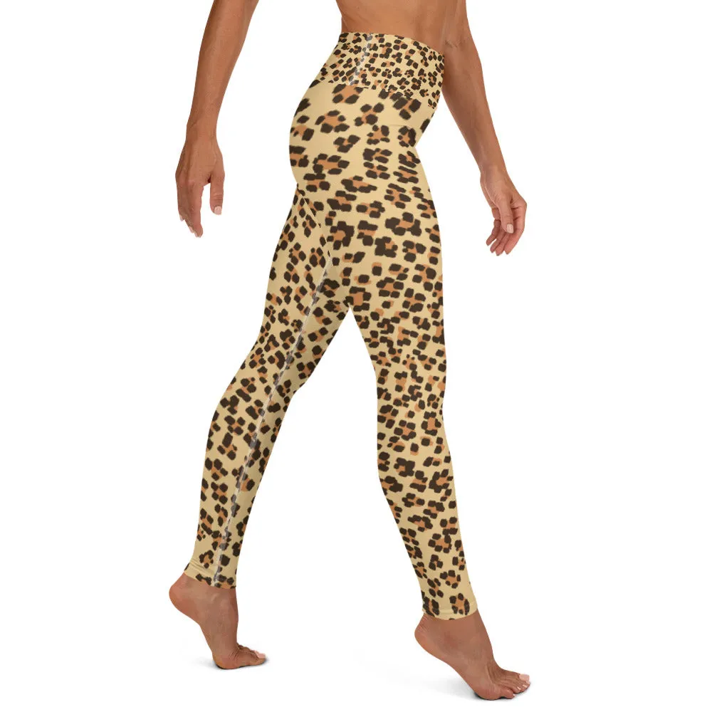 Brown Leopard Women's Yoga Pants, Beige Animal Print Long Leggings- Made in USA/ EU