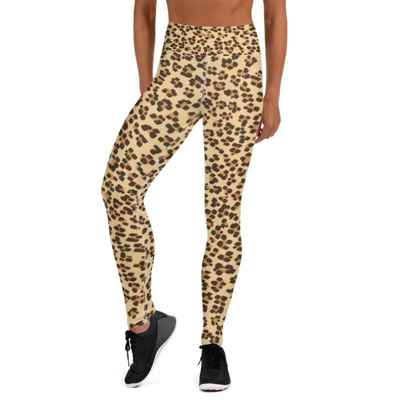 Brown Leopard Women's Yoga Pants, Beige Animal Print Long Leggings- Made in USA/ EU
