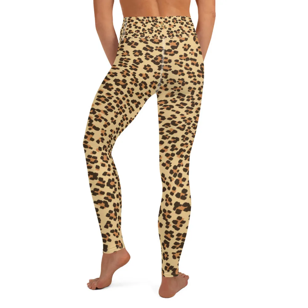 Brown Leopard Women's Yoga Pants, Beige Animal Print Long Leggings- Made in USA/ EU