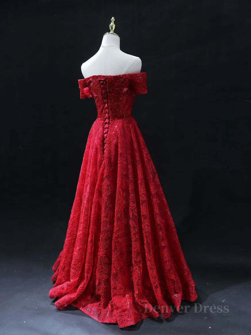 Burgundy A line lace tulle beads long prom dress burgundy bridesmaid dress