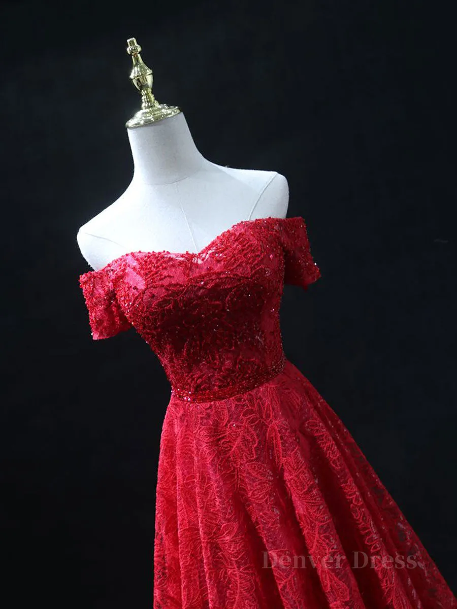 Burgundy A line lace tulle beads long prom dress burgundy bridesmaid dress
