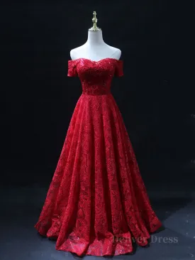 Burgundy A line lace tulle beads long prom dress burgundy bridesmaid dress