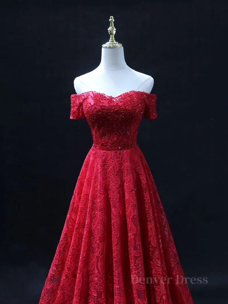 Burgundy A line lace tulle beads long prom dress burgundy bridesmaid dress