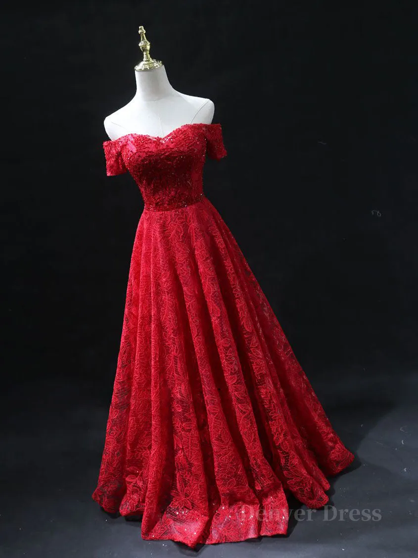 Burgundy A line lace tulle beads long prom dress burgundy bridesmaid dress