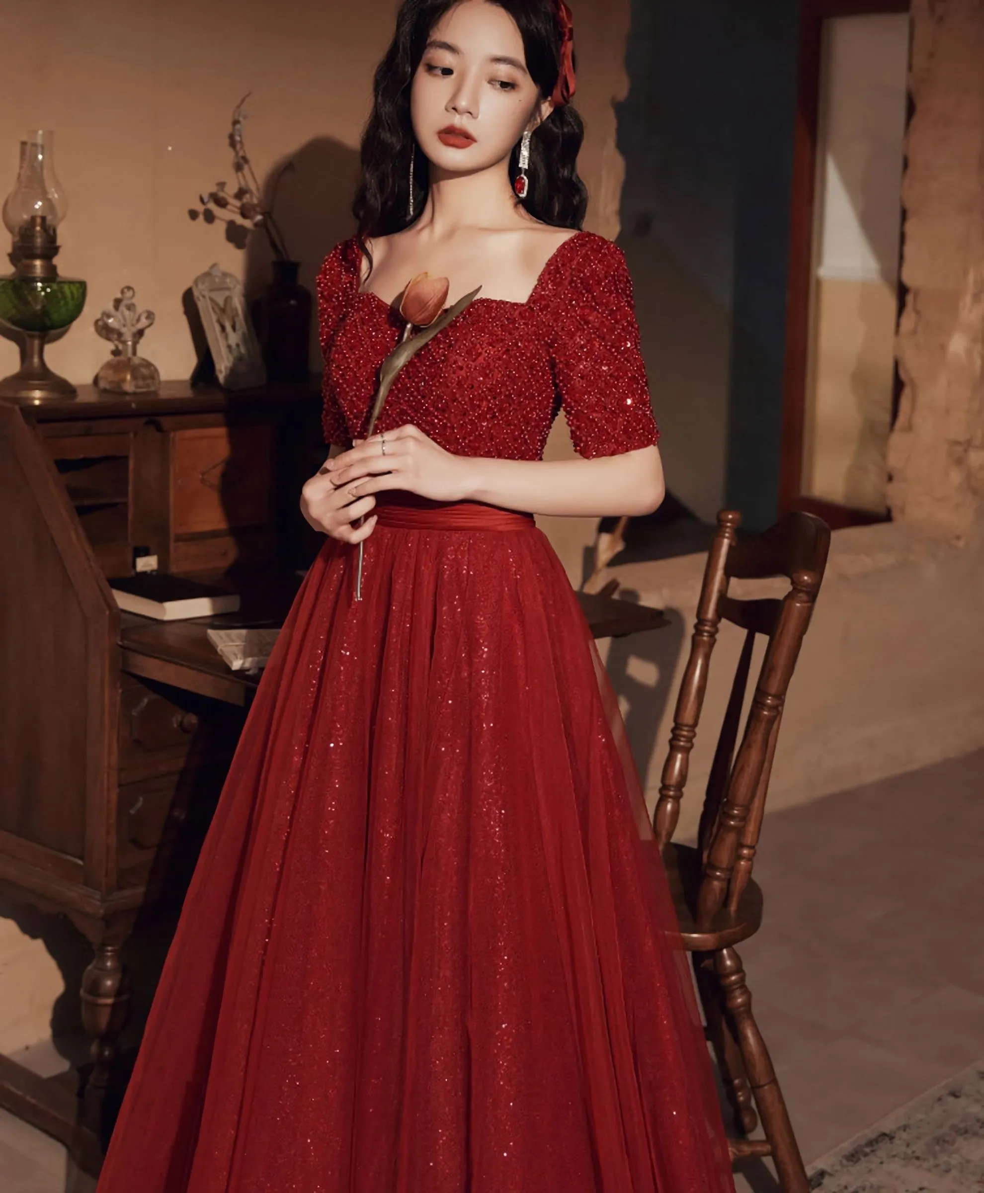 Burgundy Tulle Beds Long Prom Dress Burgundy Tulle Formal Dress